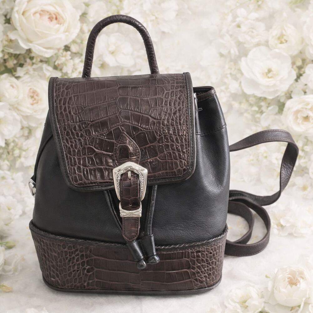 Brighton Black Leather & Croc Embossed Backpack with Silver Buckle Y2K